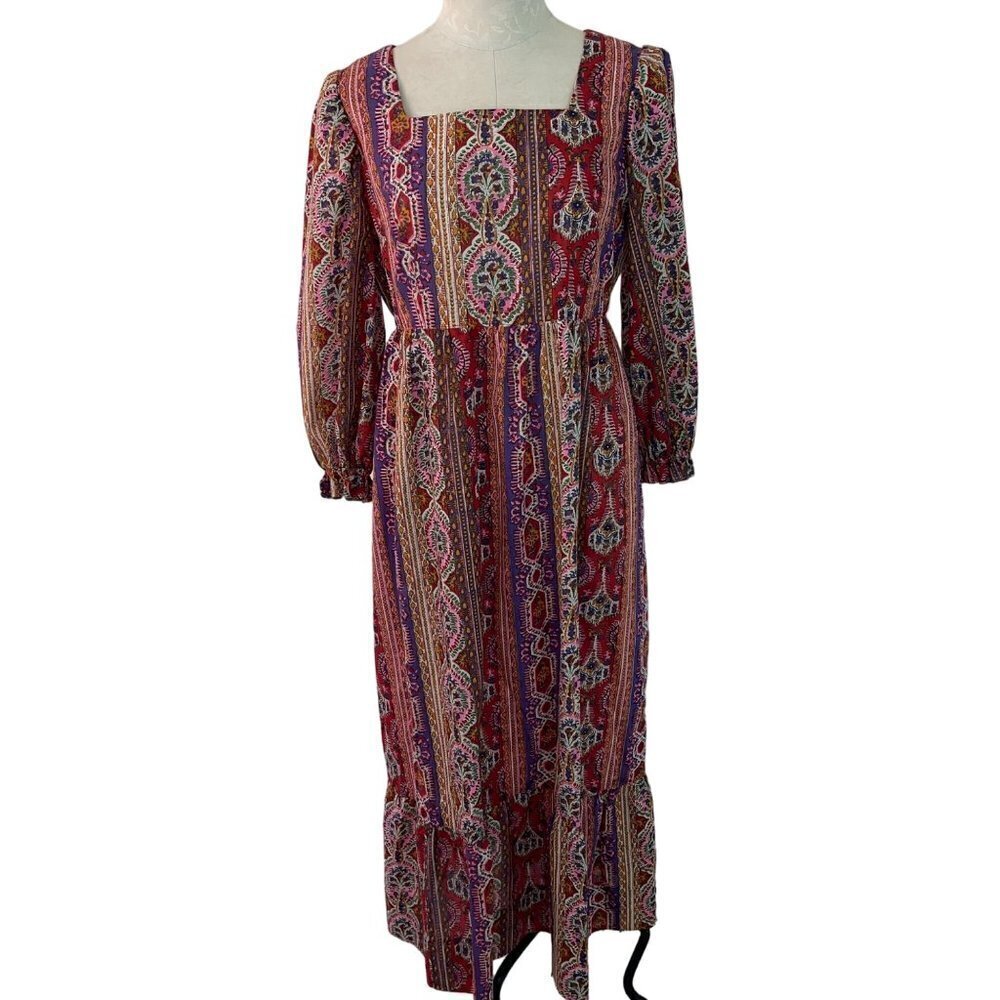 Vintage Womens Dress Size Medium Multicolor Maxi Handmade Zip Belt Square Neck